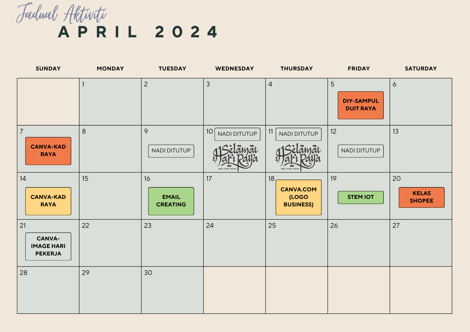 jadual aktiviti april 2024